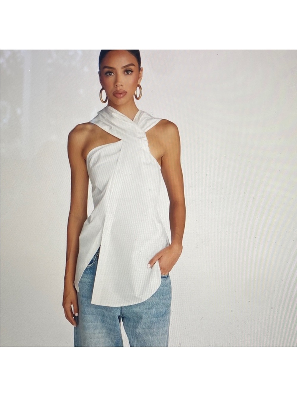 KBB NWT XL White Twist ASYMMETRICAL Halter Sleeveless BUTTON DOWN TUNIC Top